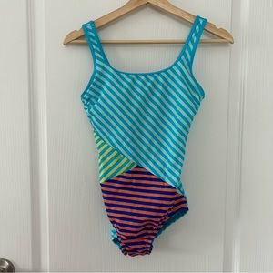Lands End 2 Swimsuit Colorblock Lined Soft Bra Cute Modest